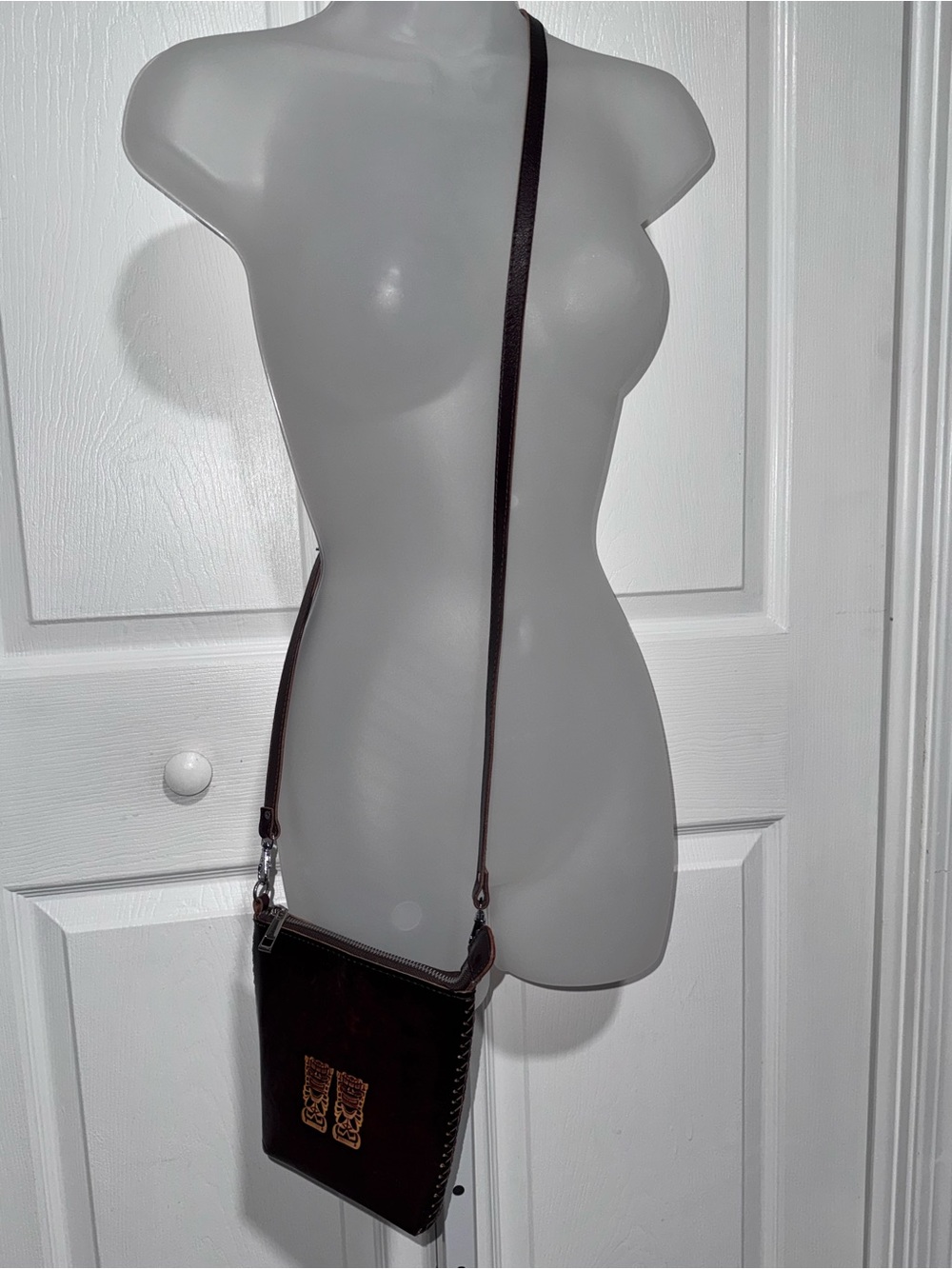 Dark Brown Leather Crossbody Bag with Embossed Tiki Design from Hawaii - Picture 2 of 9